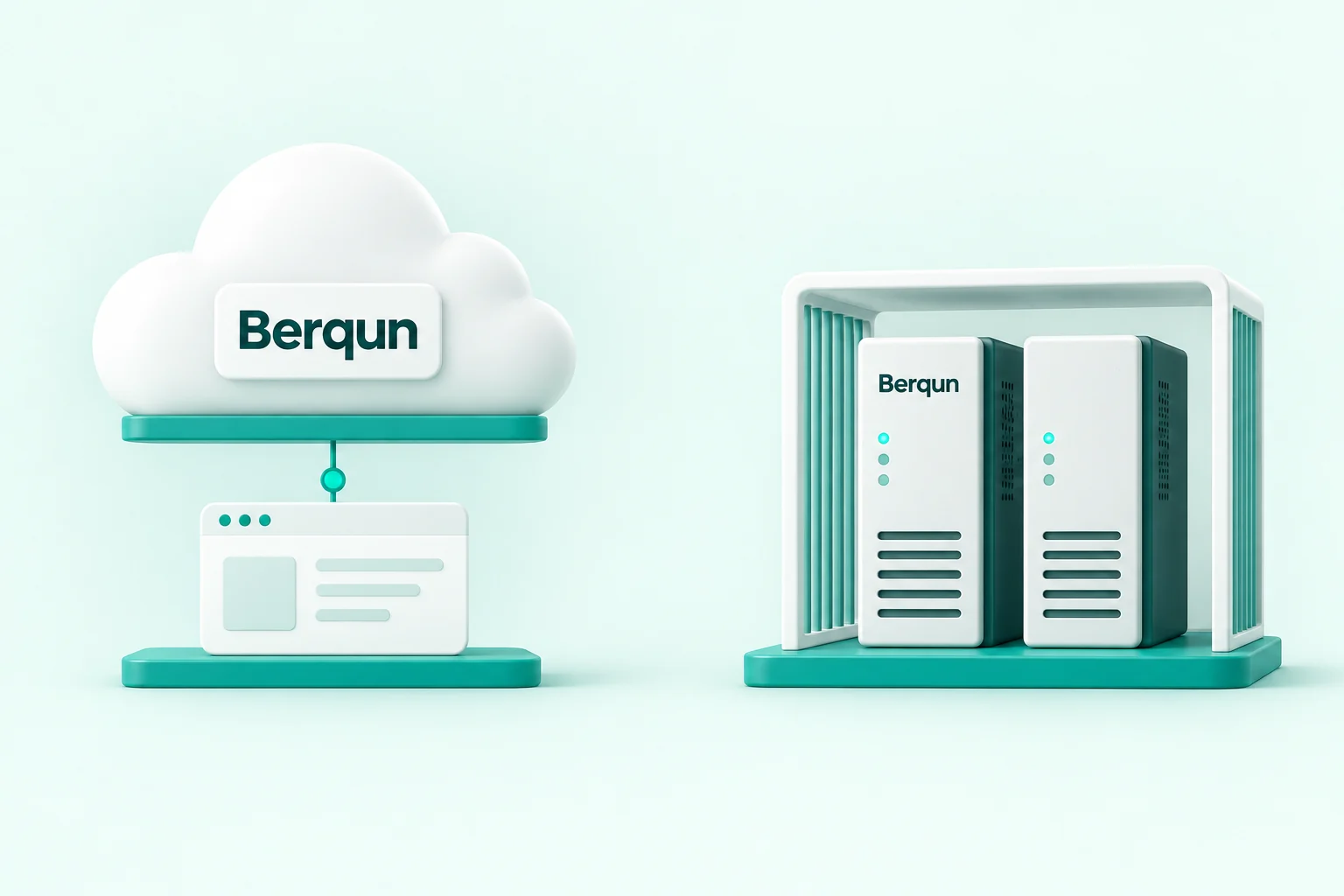 Berqun in the cloud on the left and Berqun on the organisation's own servers on the right: two options in the same soft 3D composition.
