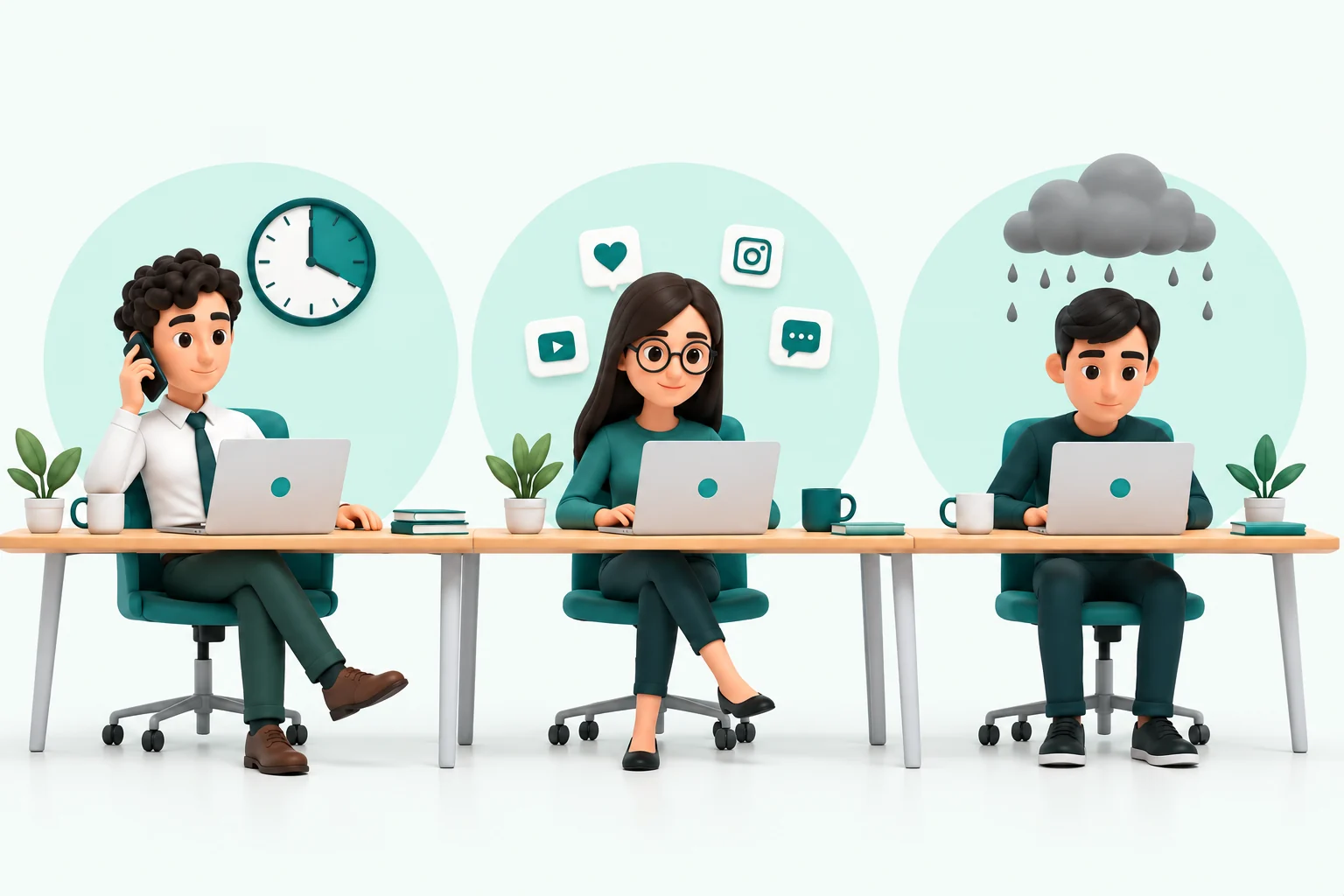 Three employees at the same desk: a clock next to one, social media icons around another, and a cloud above the third showing they struggle to focus.